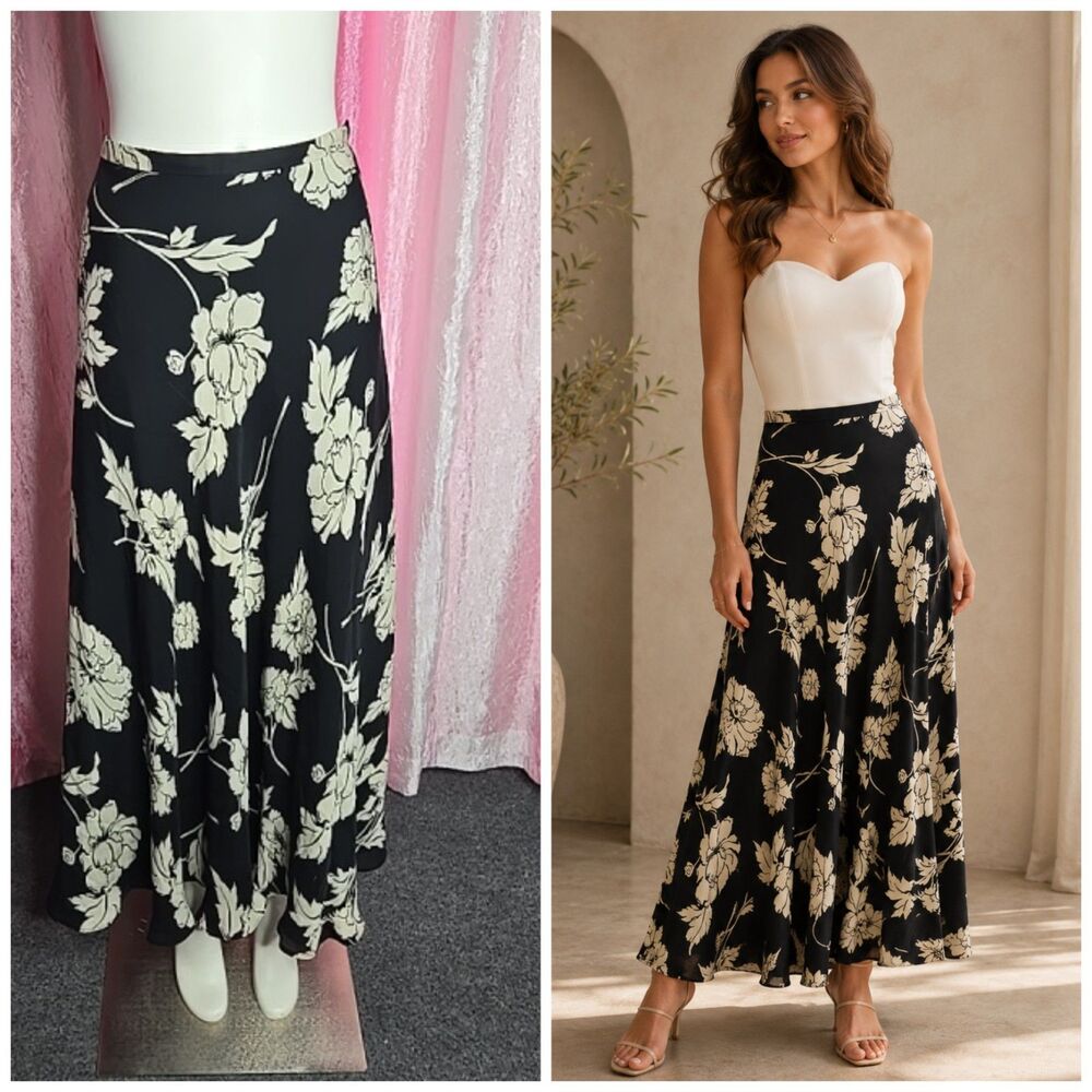 Jones New York Vintage 100% Silk Black White Floral Lined Maxi Skirt Size 10